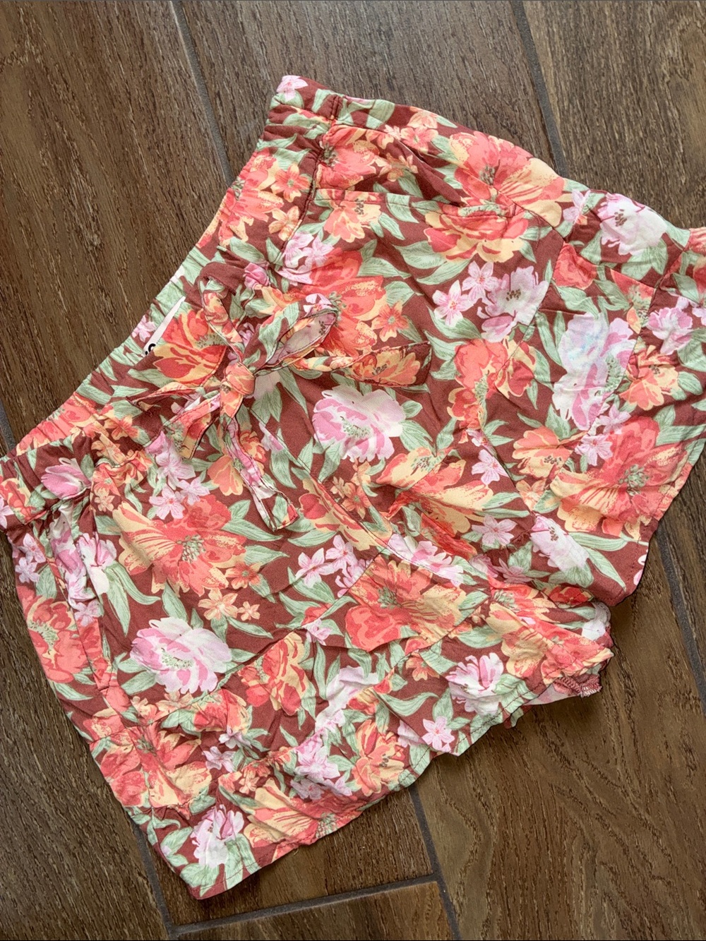 SO Coral Floral Ruffle Shorts with Tie Waist